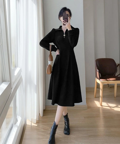 ハーフジップワンピース長袖ウエストタック レディース 襟付きワンピース 体型カバー Aラインワンピ きれいめカジュアル 無地オシャレ 大人上品フレアワンピース春秋 83KMIER-003