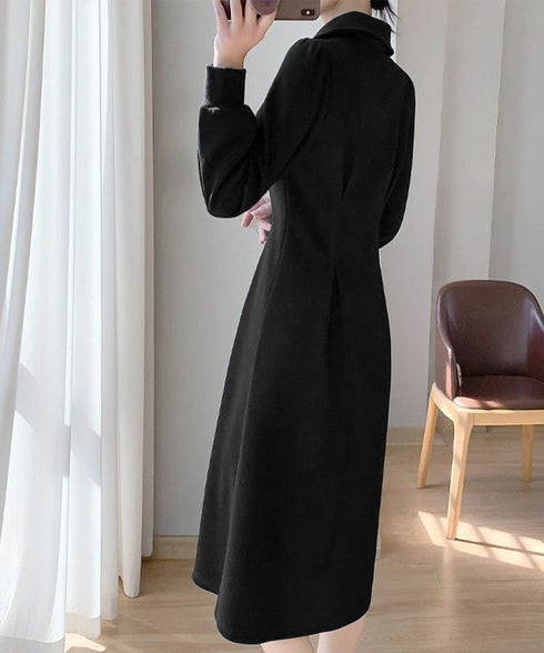 ハーフジップワンピース長袖ウエストタック レディース 襟付きワンピース 体型カバー Aラインワンピ きれいめカジュアル 無地オシャレ 大人上品フレアワンピース春秋 83KMIER-003