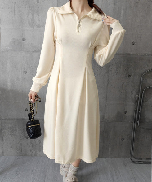 ハーフジップワンピース長袖ウエストタック レディース 襟付きワンピース 体型カバー Aラインワンピ きれいめカジュアル 無地オシャレ 大人上品フレアワンピース春秋 83KMIER-003