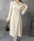 ハーフジップワンピース長袖ウエストタック レディース 襟付きワンピース 体型カバー Aラインワンピ きれいめカジュアル 無地オシャレ 大人上品フレアワンピース春秋 83KMIER-003