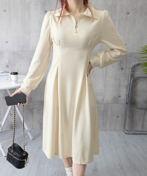 ハーフジップワンピース長袖ウエストタック レディース 襟付きワンピース 体型カバー Aラインワンピ きれいめカジュアル 無地オシャレ 大人上品フレアワンピース春秋 83KMIER-003