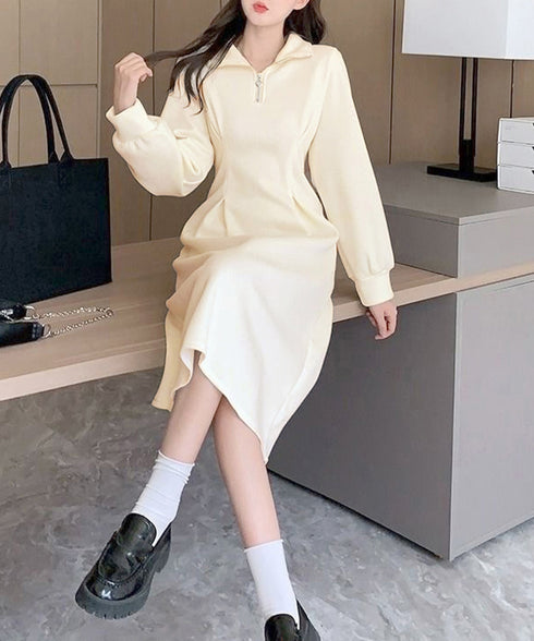 ハーフジップワンピース長袖ウエストタック レディース 襟付きワンピース 体型カバー Aラインワンピ きれいめカジュアル 無地オシャレ 大人上品フレアワンピース春秋 83KMIER-003