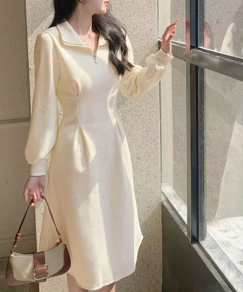 ハーフジップワンピース長袖ウエストタック レディース 襟付きワンピース 体型カバー Aラインワンピ きれいめカジュアル 無地オシャレ 大人上品フレアワンピース春秋 83KMIER-003