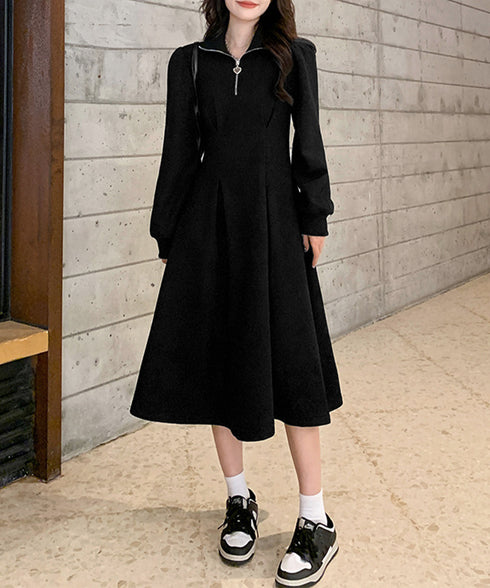 ハーフジップワンピース長袖ウエストタック レディース 襟付きワンピース 体型カバー Aラインワンピ きれいめカジュアル 無地オシャレ 大人上品フレアワンピース春秋 83KMIER-003