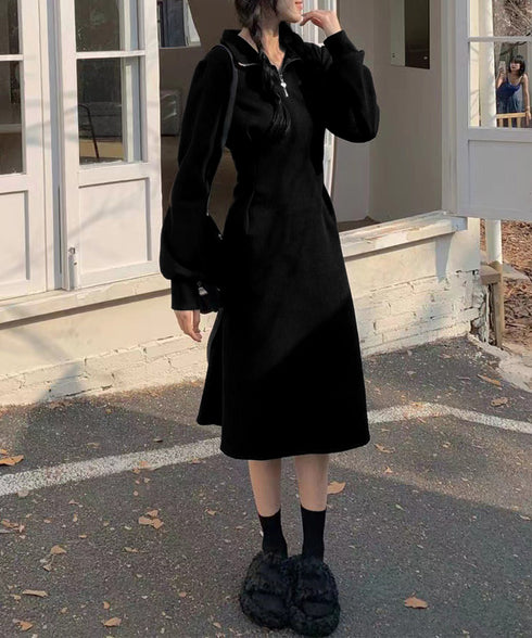 ハーフジップワンピース長袖ウエストタック レディース 襟付きワンピース 体型カバー Aラインワンピ きれいめカジュアル 無地オシャレ 大人上品フレアワンピース春秋 83KMIER-003