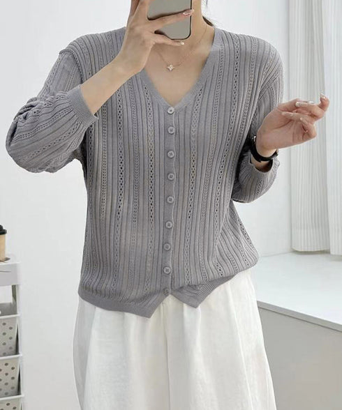 針抜きニットカーディガンレディース 長袖 Vネック羽織り 透かし編みニット 程よい透け感前開きサマーニット 大人フェミニン 通勤通学薄手ニット 春夏秋服 冷房対策 83LAICAI-001