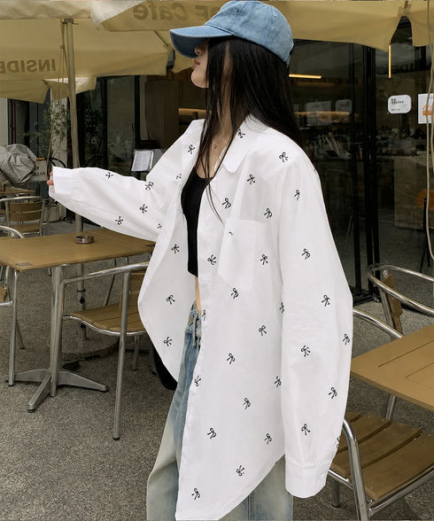 総柄リボンシャツブラウス ゆったりシャツ レディース オーバーサイズ 日焼け対策トップス 体型カバー ロングシャツ ビッグシルエット羽織り 着やせ春夏秋服 韓国風 83LAIYIGE-001