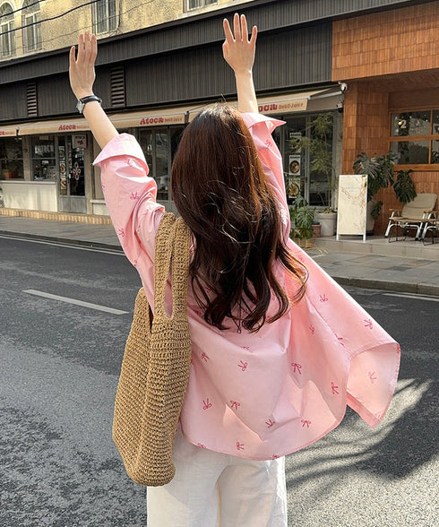 総柄リボンシャツブラウス ゆったりシャツ レディース オーバーサイズ 日焼け対策トップス 体型カバー ロングシャツ ビッグシルエット羽織り 着やせ春夏秋服 韓国風 83LAIYIGE-001