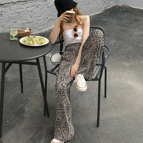 柄 プリーツワイドパンツ 夏レディース ハイウエスト ストレートパンツ カジュアル ロングパンツ ウエストゴム リラックスパンツ 着やせヒョウ柄パンツ体型カバー 83LBH-001