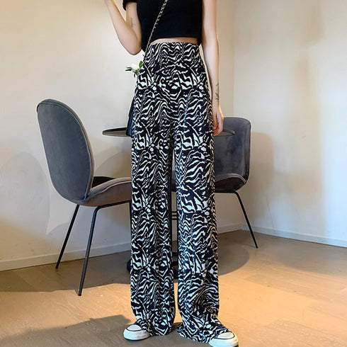 柄 プリーツワイドパンツ 夏レディース ハイウエスト ストレートパンツ カジュアル ロングパンツ ウエストゴム リラックスパンツ 着やせヒョウ柄パンツ体型カバー 83LBH-001