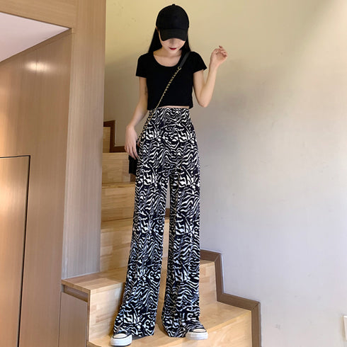 柄 プリーツワイドパンツ 夏レディース ハイウエスト ストレートパンツ カジュアル ロングパンツ ウエストゴム リラックスパンツ 着やせヒョウ柄パンツ体型カバー 83LBH-001
