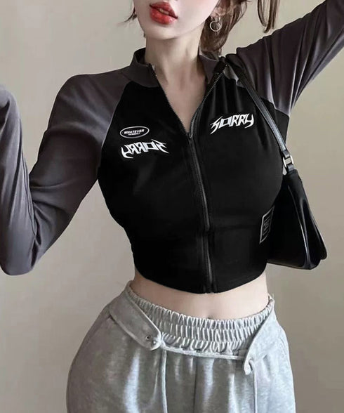 ロゴジップアップ クロップドトップス長袖 レディース バイカラータイトトップス へそ出しカットソー 自転車 バイク フィットネス サイクリングジャージ ショート丈 83LIULIUB-002