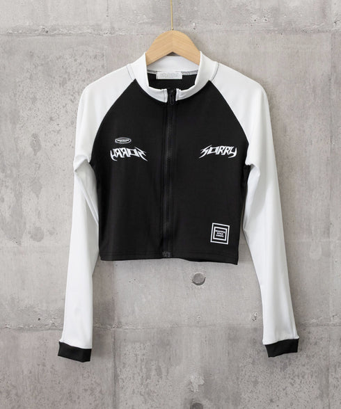 ロゴジップアップ クロップドトップス長袖 レディース バイカラータイトトップス へそ出しカットソー 自転車 バイク フィットネス サイクリングジャージ ショート丈 83LIULIUB-002