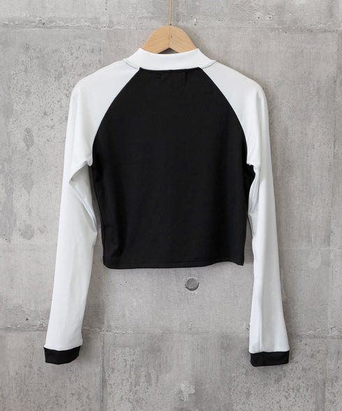 ロゴジップアップ クロップドトップス長袖 レディース バイカラータイトトップス へそ出しカットソー 自転車 バイク フィットネス サイクリングジャージ ショート丈 83LIULIUB-002