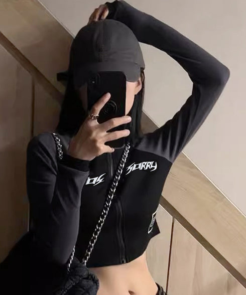 ロゴジップアップ クロップドトップス長袖 レディース バイカラータイトトップス へそ出しカットソー 自転車 バイク フィットネス サイクリングジャージ ショート丈 83LIULIUB-002