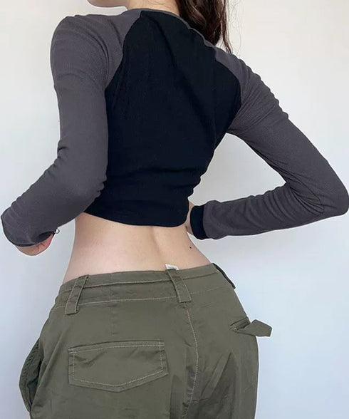 ロゴジップアップ クロップドトップス長袖 レディース バイカラータイトトップス へそ出しカットソー 自転車 バイク フィットネス サイクリングジャージ ショート丈 83LIULIUB-002