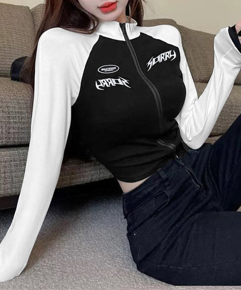 ロゴジップアップ クロップドトップス長袖 レディース バイカラータイトトップス へそ出しカットソー 自転車 バイク フィットネス サイクリングジャージ ショート丈 83LIULIUB-002