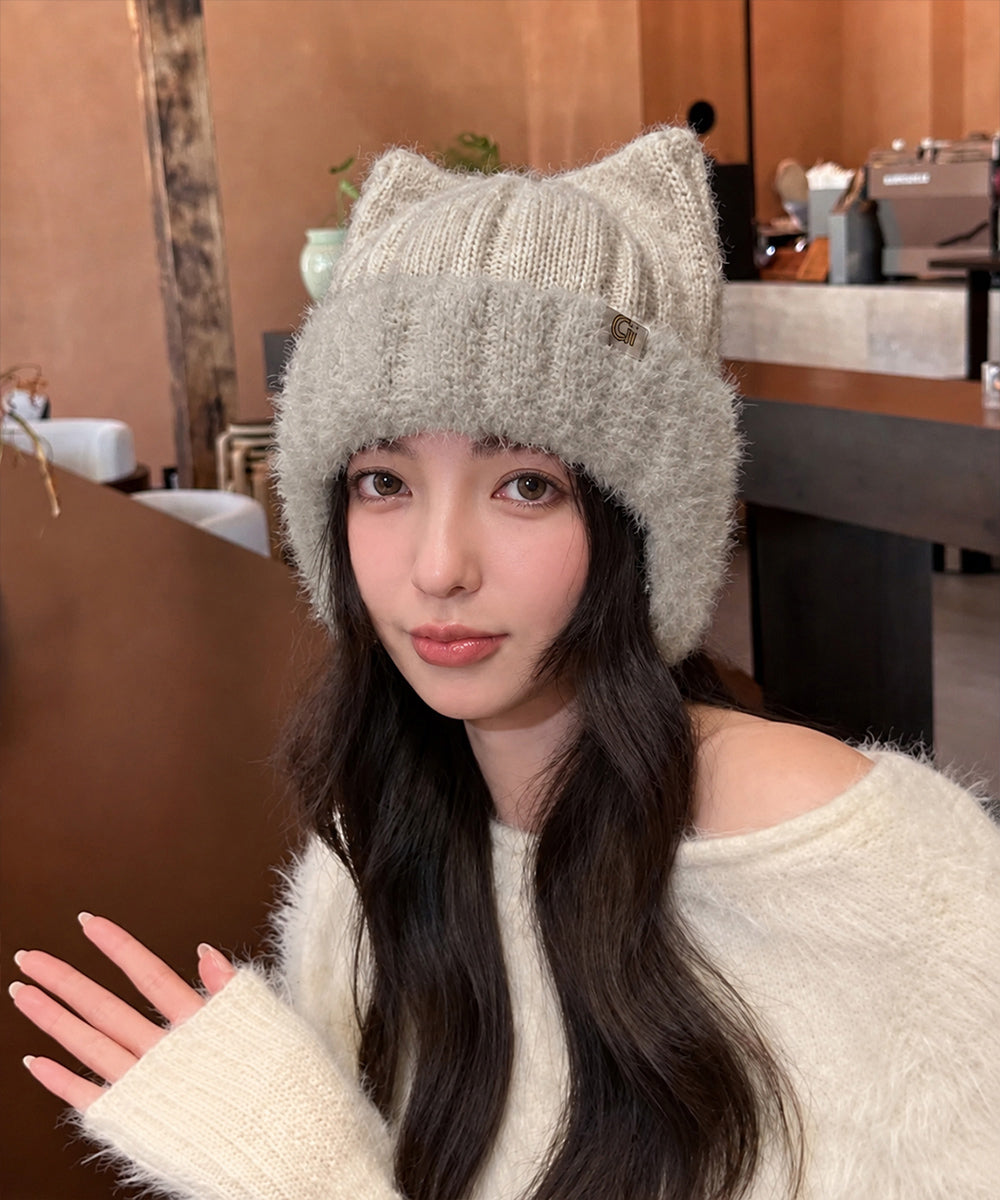 猫耳ニット帽小顔ファービーニー耳当て付き 詳細画像14