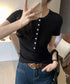 半袖ヘンリーネックtシャツ丸首カットソー フロントボタンtシャツレディース クルーネックtシャツ きれいめカジュアル 韓国風シンプルおしゃれ タイトトップス着やせ 83LUOSI-001