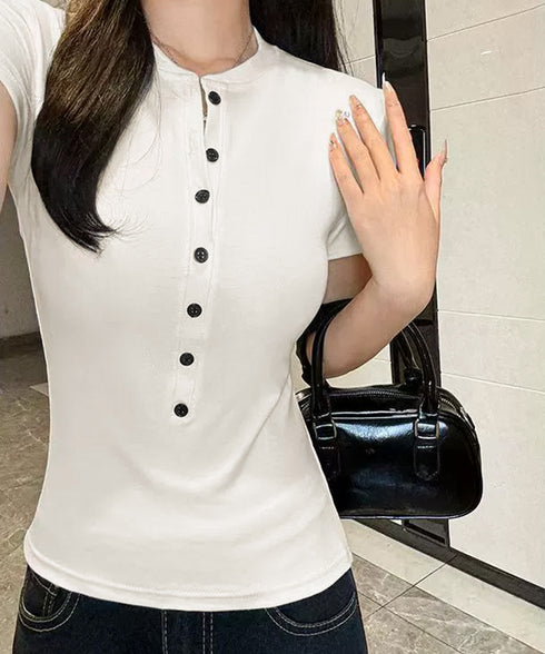 半袖ヘンリーネックtシャツ丸首カットソー フロントボタンtシャツレディース クルーネックtシャツ きれいめカジュアル 韓国風シンプルおしゃれ タイトトップス着やせ 83LUOSI-001