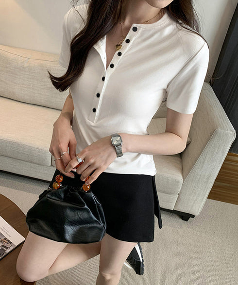 半袖ヘンリーネックtシャツ丸首カットソー フロントボタンtシャツレディース クルーネックtシャツ きれいめカジュアル 韓国風シンプルおしゃれ タイトトップス着やせ 83LUOSI-001