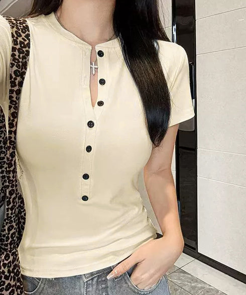 半袖ヘンリーネックtシャツ丸首カットソー フロントボタンtシャツレディース クルーネックtシャツ きれいめカジュアル 韓国風シンプルおしゃれ タイトトップス着やせ 83LUOSI-001