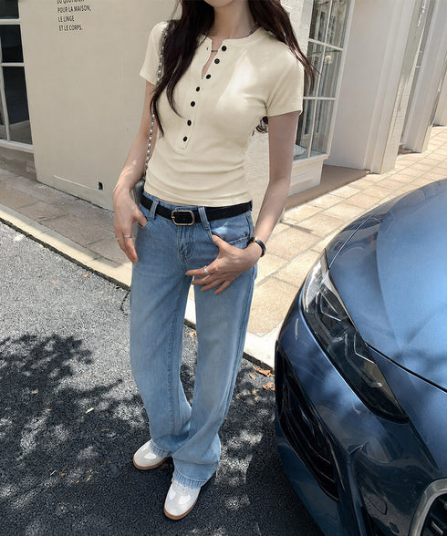 半袖ヘンリーネックtシャツ丸首カットソー フロントボタンtシャツレディース クルーネックtシャツ きれいめカジュアル 韓国風シンプルおしゃれ タイトトップス着やせ 83LUOSI-001