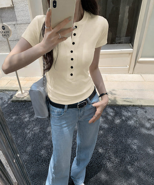 半袖ヘンリーネックtシャツ丸首カットソー フロントボタンtシャツレディース クルーネックtシャツ きれいめカジュアル 韓国風シンプルおしゃれ タイトトップス着やせ 83LUOSI-001