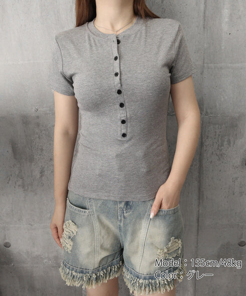 半袖ヘンリーネックtシャツ丸首カットソー フロントボタンtシャツレディース クルーネックtシャツ きれいめカジュアル 韓国風シンプルおしゃれ タイトトップス着やせ 83LUOSI-001