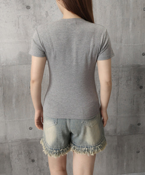 半袖ヘンリーネックtシャツ丸首カットソー フロントボタンtシャツレディース クルーネックtシャツ きれいめカジュアル 韓国風シンプルおしゃれ タイトトップス着やせ 83LUOSI-001