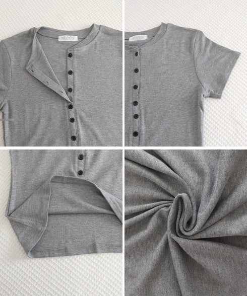 半袖ヘンリーネックtシャツ丸首カットソー フロントボタンtシャツレディース クルーネックtシャツ きれいめカジュアル 韓国風シンプルおしゃれ タイトトップス着やせ 83LUOSI-001