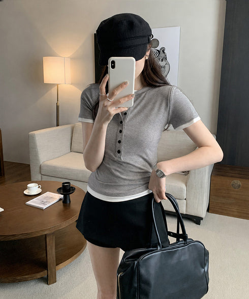 半袖ヘンリーネックtシャツ丸首カットソー フロントボタンtシャツレディース クルーネックtシャツ きれいめカジュアル 韓国風シンプルおしゃれ タイトトップス着やせ 83LUOSI-001