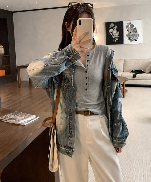 半袖ヘンリーネックtシャツ丸首カットソー フロントボタンtシャツレディース クルーネックtシャツ きれいめカジュアル 韓国風シンプルおしゃれ タイトトップス着やせ 83LUOSI-001