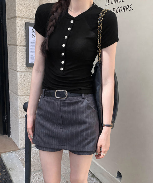 半袖ヘンリーネックtシャツ丸首カットソー フロントボタンtシャツレディース クルーネックtシャツ きれいめカジュアル 韓国風シンプルおしゃれ タイトトップス着やせ 83LUOSI-001