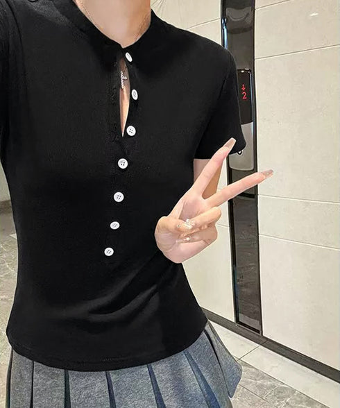 半袖ヘンリーネックtシャツ丸首カットソー フロントボタンtシャツレディース クルーネックtシャツ きれいめカジュアル 韓国風シンプルおしゃれ タイトトップス着やせ 83LUOSI-001