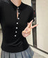 半袖ヘンリーネックtシャツ丸首カットソー フロントボタンtシャツレディース クルーネックtシャツ きれいめカジュアル 韓国風シンプルおしゃれ タイトトップス着やせ 83LUOSI-001