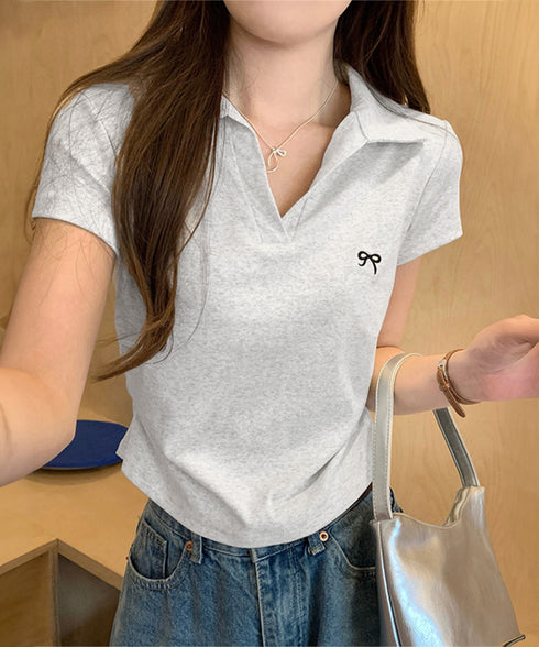 Vネックポロシャツ レディースTシャツ夏 サイドシャーリング 半袖トップス 襟付きtシャツ 無地ダンス衣装 韓国風 胸元にワンポイント カットソー 着やせ ポロT 83LYQYZ-001