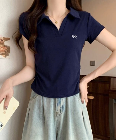 Vネックポロシャツ レディースTシャツ夏 サイドシャーリング 半袖トップス 襟付きtシャツ 無地ダンス衣装 韓国風 胸元にワンポイント カットソー 着やせ ポロT 83LYQYZ-001