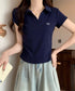 Vネックポロシャツ レディースTシャツ夏 サイドシャーリング 半袖トップス 襟付きtシャツ 無地ダンス衣装 韓国風 胸元にワンポイント カットソー 着やせ ポロT 83LYQYZ-001