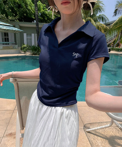 Vネックポロシャツ レディースTシャツ夏 サイドシャーリング 半袖トップス 襟付きtシャツ 無地ダンス衣装 韓国風 胸元にワンポイント カットソー 着やせ ポロT 83LYQYZ-001