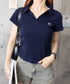Vネックポロシャツ レディースTシャツ夏 サイドシャーリング 半袖トップス 襟付きtシャツ 無地ダンス衣装 韓国風 胸元にワンポイント カットソー 着やせ ポロT 83LYQYZ-001