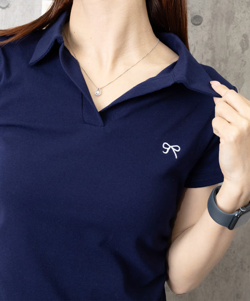 Vネックポロシャツ レディースTシャツ夏 サイドシャーリング 半袖トップス 襟付きtシャツ 無地ダンス衣装 韓国風 胸元にワンポイント カットソー 着やせ ポロT 83LYQYZ-001