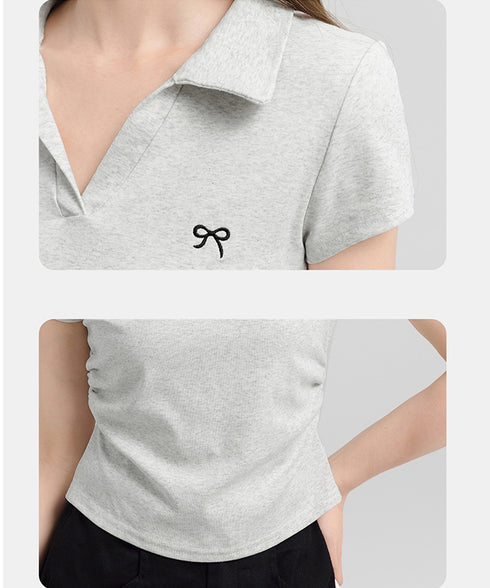 Vネックポロシャツ レディースTシャツ夏 サイドシャーリング 半袖トップス 襟付きtシャツ 無地ダンス衣装 韓国風 胸元にワンポイント カットソー 着やせ ポロT 83LYQYZ-001
