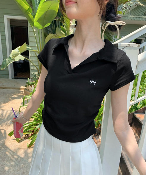 Vネックポロシャツ レディースTシャツ夏 サイドシャーリング 半袖トップス 襟付きtシャツ 無地ダンス衣装 韓国風 胸元にワンポイント カットソー 着やせ ポロT 83LYQYZ-001