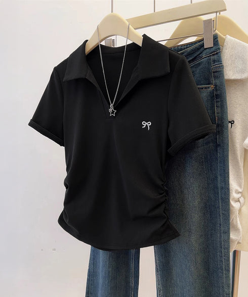 Vネックポロシャツ レディースTシャツ夏 サイドシャーリング 半袖トップス 襟付きtシャツ 無地ダンス衣装 韓国風 胸元にワンポイント カットソー 着やせ ポロT 83LYQYZ-001