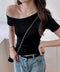 ワンショルダーTシャツオフショルダー夏服 レディース 片肩オフショルカットソー 無地 大人カジュアル セクシー tシャツ お洒落 夏トップス 肩出しカットソー半袖 83LYQYZ-002