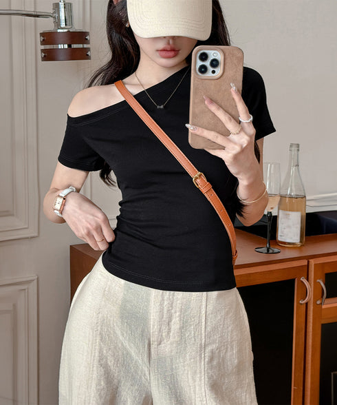 ワンショルダーTシャツオフショルダー夏服 レディース 片肩オフショルカットソー 無地 大人カジュアル セクシー tシャツ お洒落 夏トップス 肩出しカットソー半袖 83LYQYZ-002