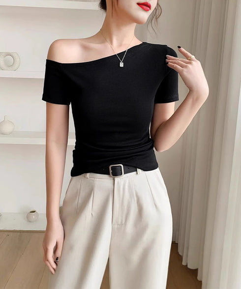 ワンショルダーTシャツオフショルダー夏服 レディース 片肩オフショルカットソー 無地 大人カジュアル セクシー tシャツ お洒落 夏トップス 肩出しカットソー半袖 83LYQYZ-002