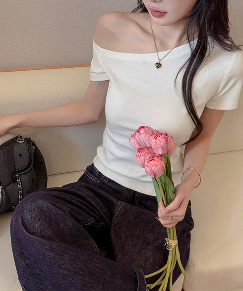 ワンショルダーTシャツオフショルダー夏服 レディース 片肩オフショルカットソー 無地 大人カジュアル セクシー tシャツ お洒落 夏トップス 肩出しカットソー半袖 83LYQYZ-002