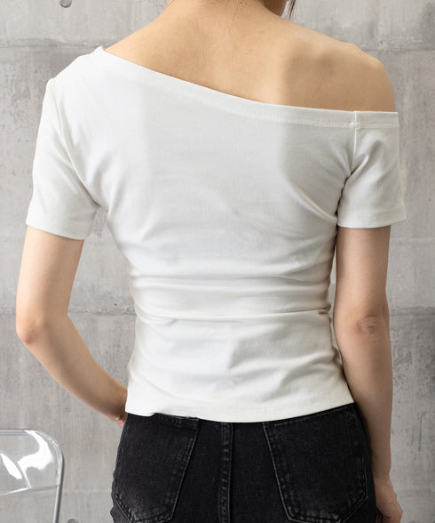 ワンショルダーTシャツオフショルダー夏服 レディース 片肩オフショルカットソー 無地 大人カジュアル セクシー tシャツ お洒落 夏トップス 肩出しカットソー半袖 83LYQYZ-002